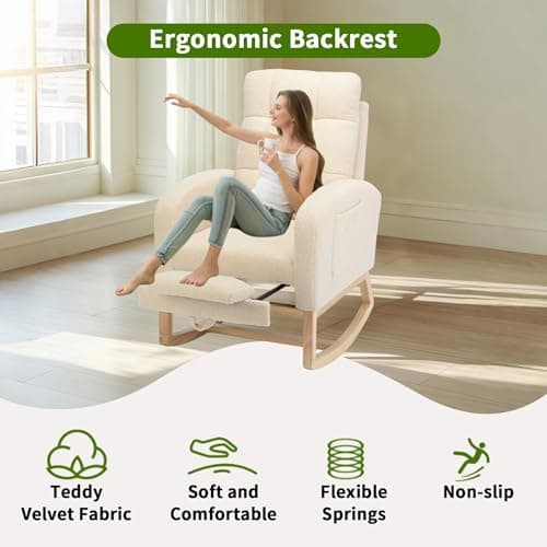 Teddy Fabric Rocking Chair with Adjustable Footrest (Beige)