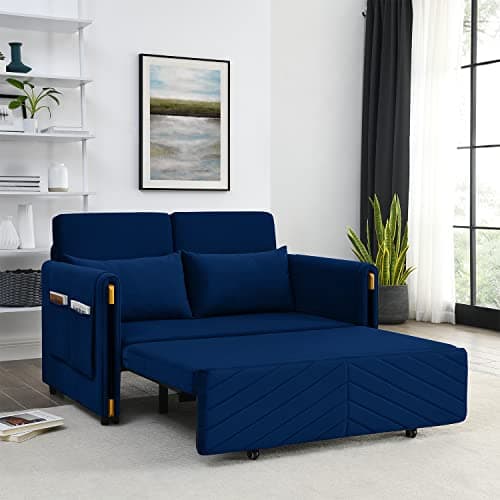 Modern Velvet Convertible Sleeper Sofa Bed with Headboard, Small Love Seat for Small Space, Grey