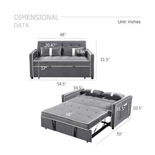 3-in-1 Pull-Out Sofa Bed with Adjustable Backrest - Grey
