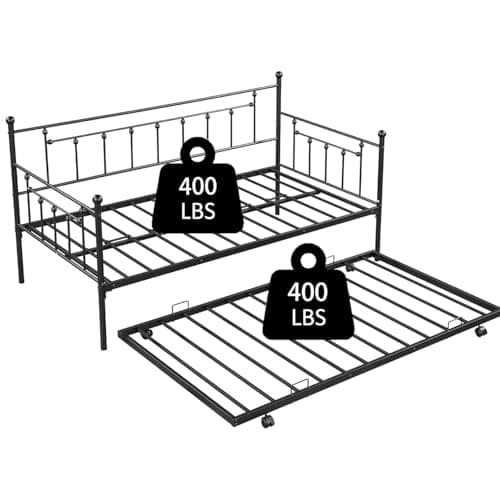 Twin Size Daybed with Trundle, Metal Sofa Bed Frame (Black)