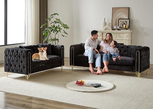 Mid Century Modern Chenille Button Tufted Loveseat + Couch Set (Black)