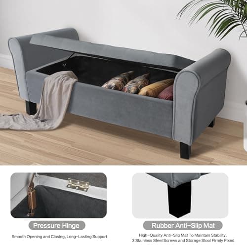 TY ARTS & CULTURE Large Gray Velvet Storage Bench for Bedroom & Entryway