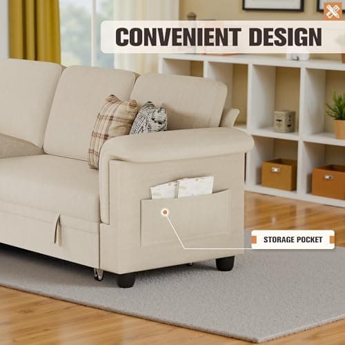 Homall Beige Linen L-Shaped Sleeper Sofa with Storage