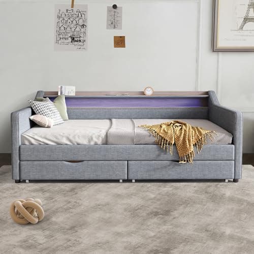 Linen Upholstered Ball & Cast Twin Daybed with Storage & Light Grey USB Port