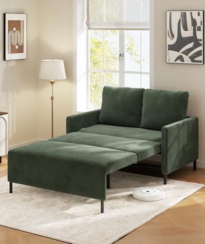 Corduroy Convertible Sofa Bed, 47" Loveseat with Fluffy Pillows, Grey