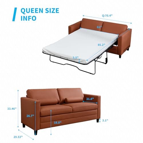 Convertible Queen Size Sleeper Sofa with Anti-Scratch Leather - Cognac