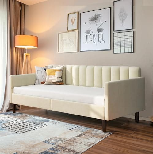 LifeSky Beige Velvet Tufted Twin Daybed Frame