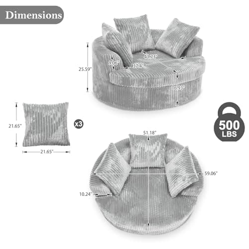 Oversized Round Corduroy Chaise Lounge Chair Bed, Plush Backrest, Throw Pillows, No Assembly Required