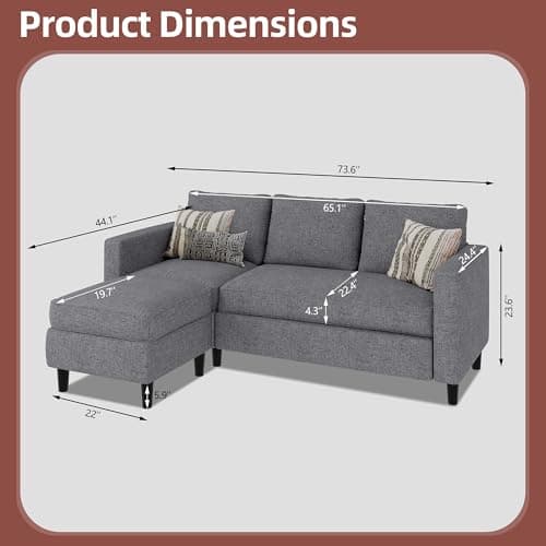 JAMFLY Dark Grey L-Shaped Sectional Sofa with Ottoman for Small Spaces