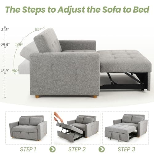SEJOV 2-Seater Grey Linen 3-in-1 Sleeper Sofa Bed