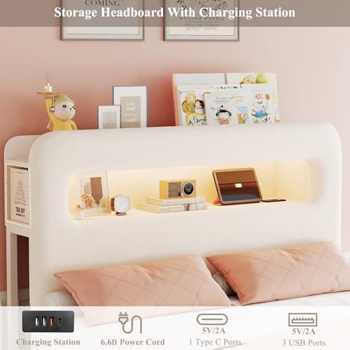 HOSTACK Twin Velvet Upholstered Bed Frame with Storage, USB Ports, Bookcase, Cream
