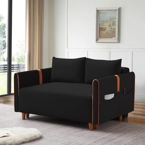 Convertible Sleeper Sofa Bed with Pull Out Bed, Comfy Velvet Loveseat Couch Bed with Storage, Pillows for Living Room, Apartment, Black