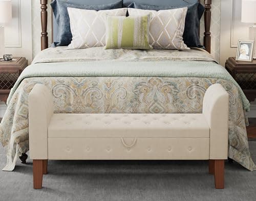 Khaki Upholstered Storage Bench with Arms for Bedroom and Living Room