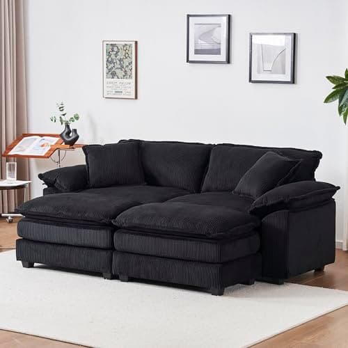 Oversized Cream White Corduroy Chaise Lounge Chair & Ottomans