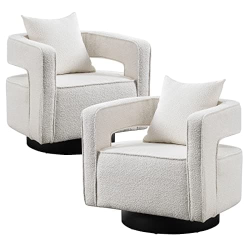 ODUWA Modern Round Boucle Swivel Chair Set of 2, Black Base, Living Room Nursery Comfortable