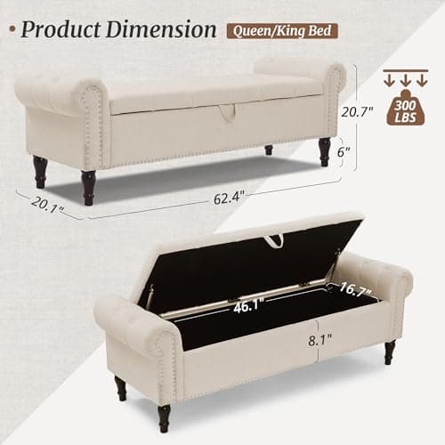Linen Button Tufted King Ottoman for Bed End, Window Seat with Nailhead Trim