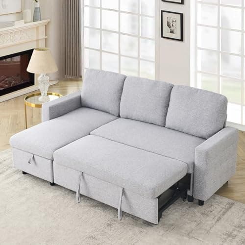 Linen L Shape Convertible Sectional Sofa with Pull Out Bed and Storage Chaise