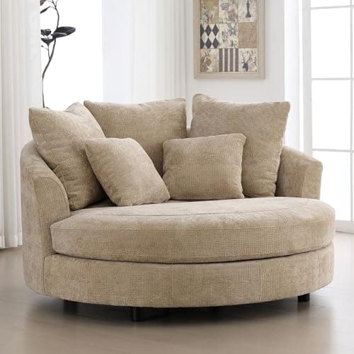 Beige Knitted Chenille Oversized Barrel Chair with Wheels & 5 Pillows
