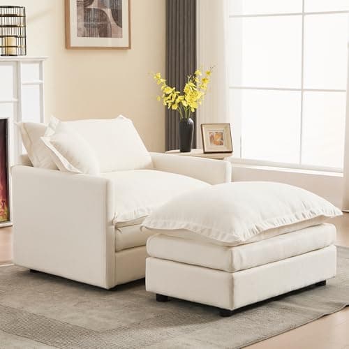 Linen White Oversized Chaise Lounge Chair with Ottoman for Living Room, Bedroom, Office