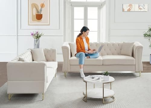 Velvet Chesterfield 3 Seater Sofa and Comfy Couch Set for Living Room, Bedroom, Office, Apartment