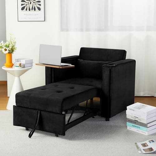 3-in-1 ORRD Convertible Sofa Bed, Faux Leather Loveseat with Pull-Out Chaise Lounge and Hidden Table