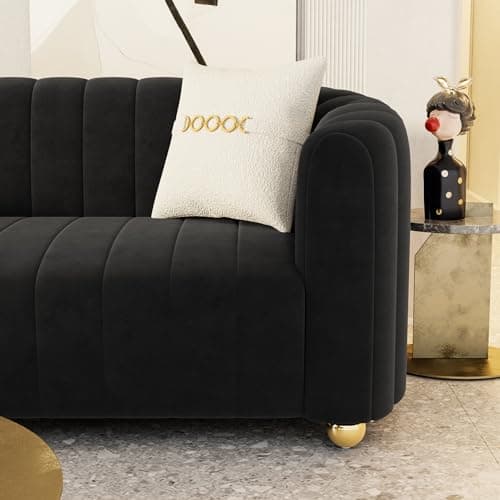 Modern 83.46" Curved Black Velvet Sofa with Gold Legs, 3-Seater for Living Room & Bedroom
