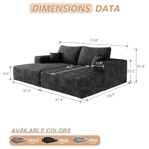 Oversized Black Chaise Lounge Chair, Recliner with Pillows, Fluffy Loveseat Sofa