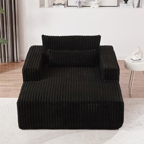 Oversized Black Chaise Lounge Chair - Plush Corduroy Sofa with Wide Armrests & Pillows for Living Room