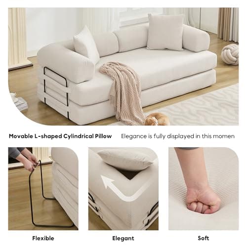Beige Cylindrical Pillow Convertible Sleeper Sofa Bed
