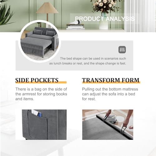 3-in-1 Grey Corduroy Futon Sofa Bed with Adjustable Backrest