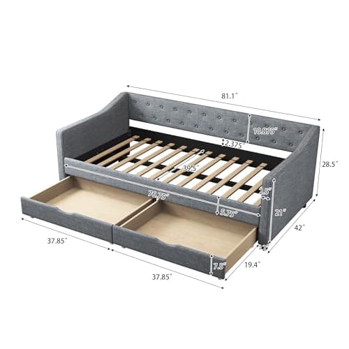 Twin Size Daybed with Storage - Upholstered Frame with Drawers & Button Tufted Backrest