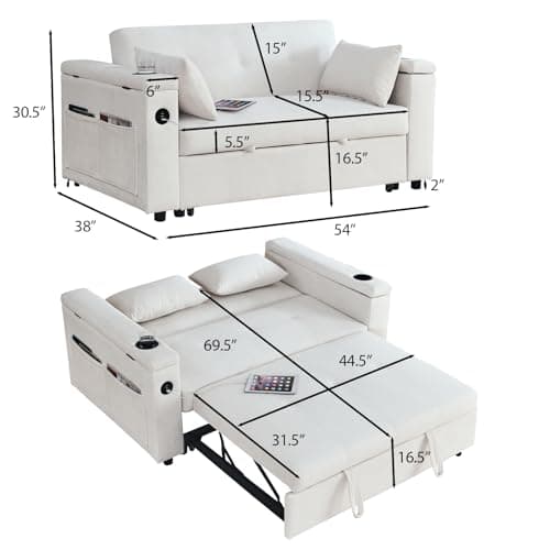 54 Convertible Sleeper Sofa Bed with USB Charging Ports&Cup Holders