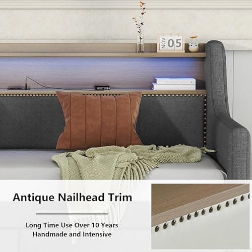 Twin Size Daybed with Storage Drawers, Charging Station and LED Lights, Gray Linen Fabric