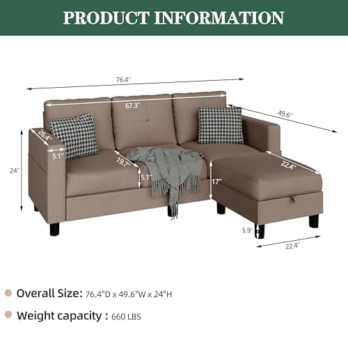 JAMFLY Brown L-Shaped Sectional with Storage for Small Spaces