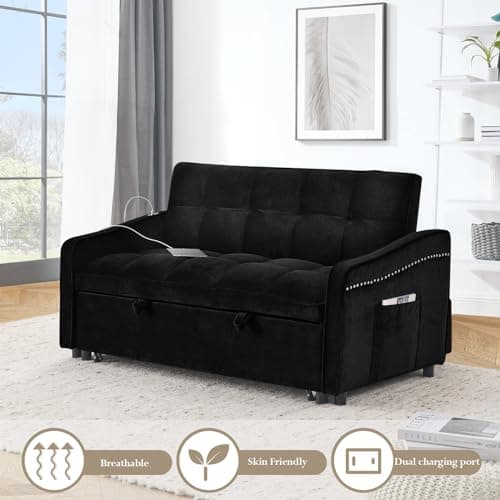Sleeper Sofa with USB Port and Pull Out Bed for Small Spaces (Black)
