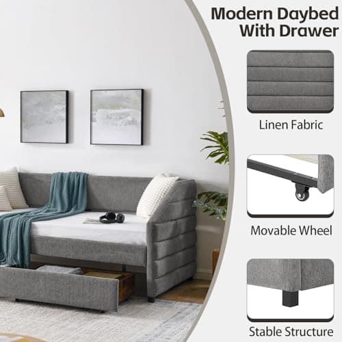 Modern Upholstered Daybed with Storage and Trundle Frame, Grey