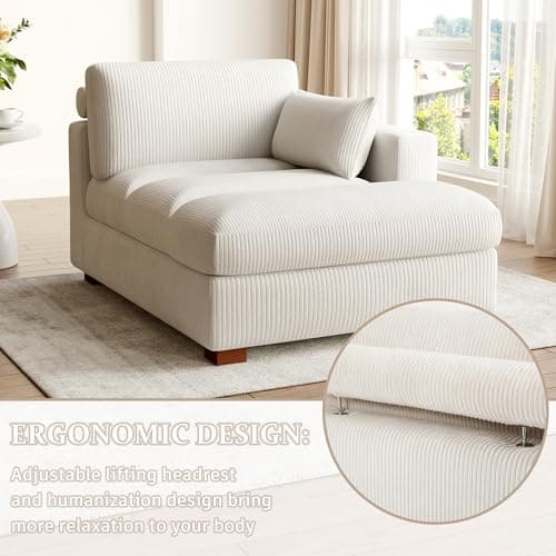 Oversized Beige Corduroy Chaise Lounge for Bedroom & Living Room (Left Arm)
