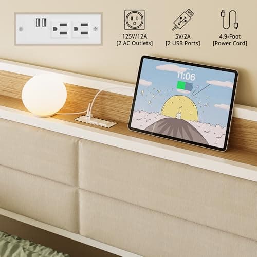 LIKIMIO Sturdy Metal Twin Daybed with Upholstered Headboard & Charging Station, White