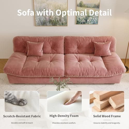 Modern 105" Scrub Velvet LoveSofa with 2 Pillows, Deep Seat Couch, Pink