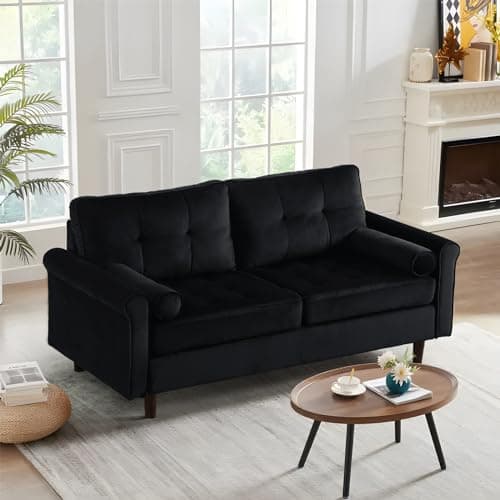 Mid-Century Modern Small Couch for Small Space, with Throw Pillows, in Black