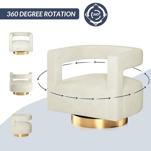 BELLEZE Ivory Gold Base Swivel Chair, Modern Barrel Velvet Living Room Chair