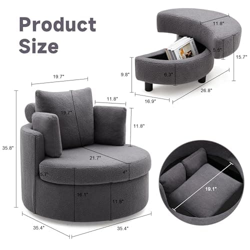 360° Modern Grey Swivel Chair with Storage Ottomans & 3 Pillows for Living Room