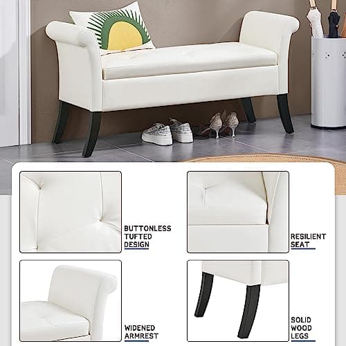 Yaheetech 52in Tufted Faux Leather Ottoman Bench with Arms White