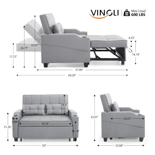 Vingli Light Grey Futon Sofa Bed with USB Ports Armrest