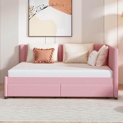 Upholstered Daybed with Storage Drawers - Pink