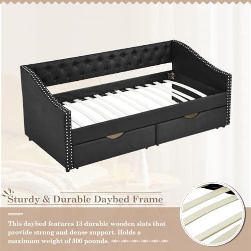JEEOHEY Twin Daybed with Storage - Modern Upholstered Daybed Sofa with Nailhead Trim and 2 Drawers (Black)