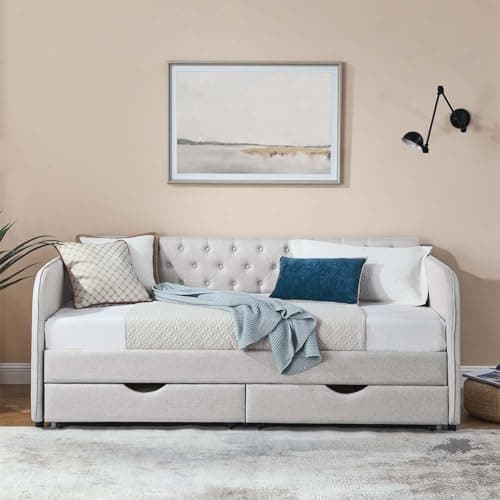 Antetek Modern Button Tufted Linen Daybed with Drawer, Beige