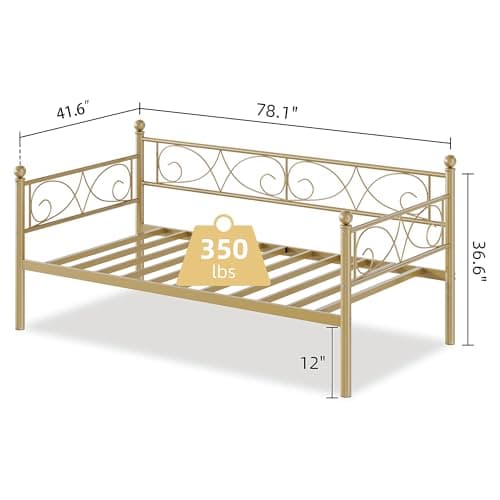 Gold Metal Day Bed, Twin Size with Floral Headboard, Modern SOFE Bed Frame