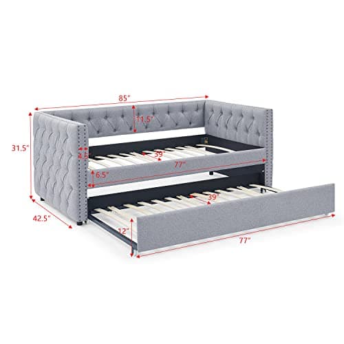 Modern Upholstered Daybed with Trundle for Teens - Light Grey