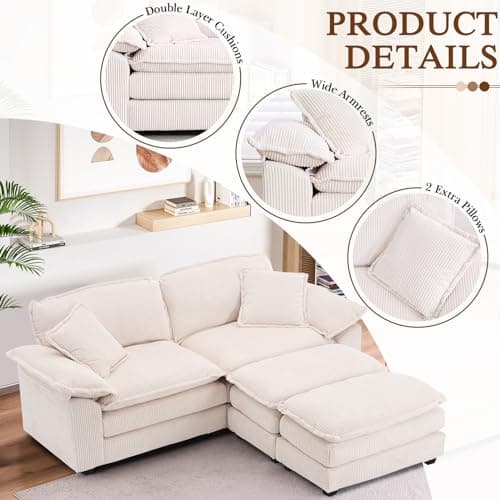 L Shaped Corduroy Sectional Sofa with Chaise and Ottoman